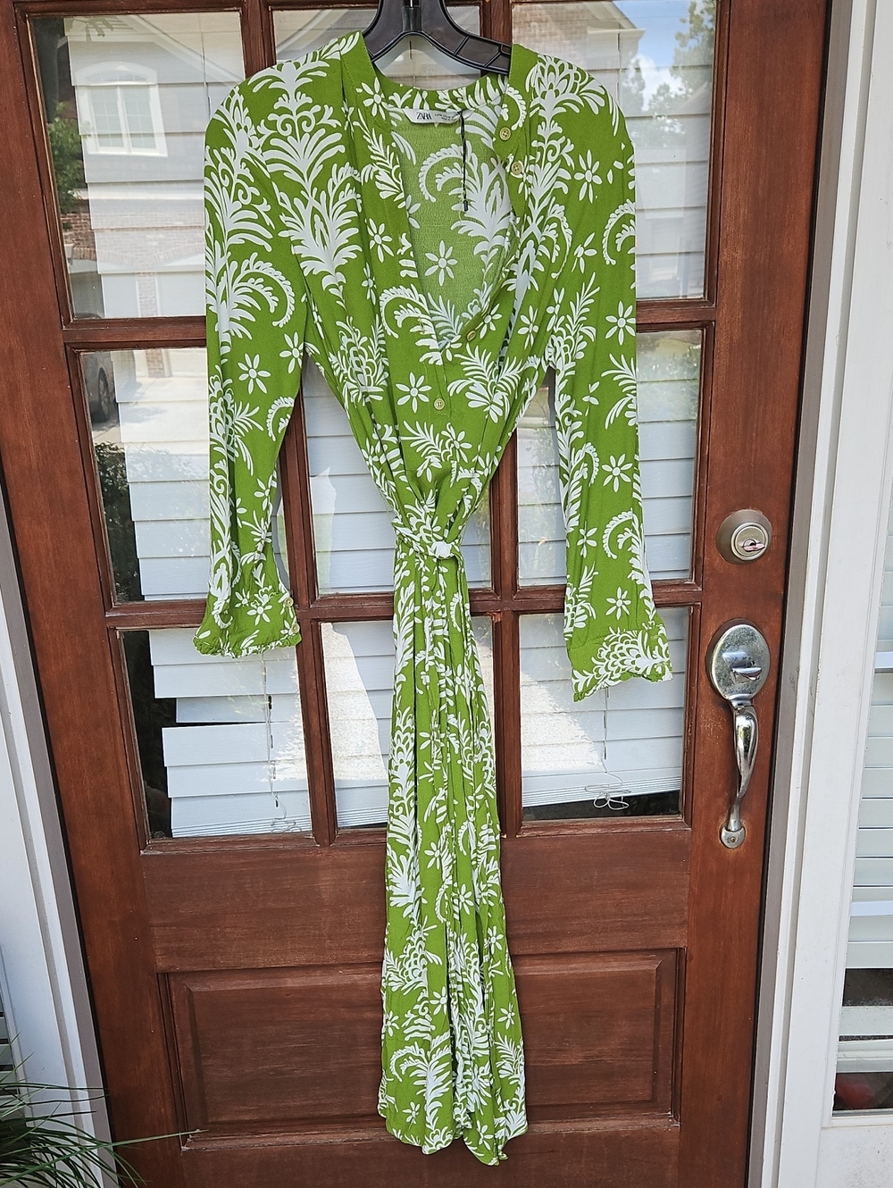Zara Lilou Vacation Coastal Belted Midi Floral Green Resort Long Sleeve Dress - Picture 4 of 8
